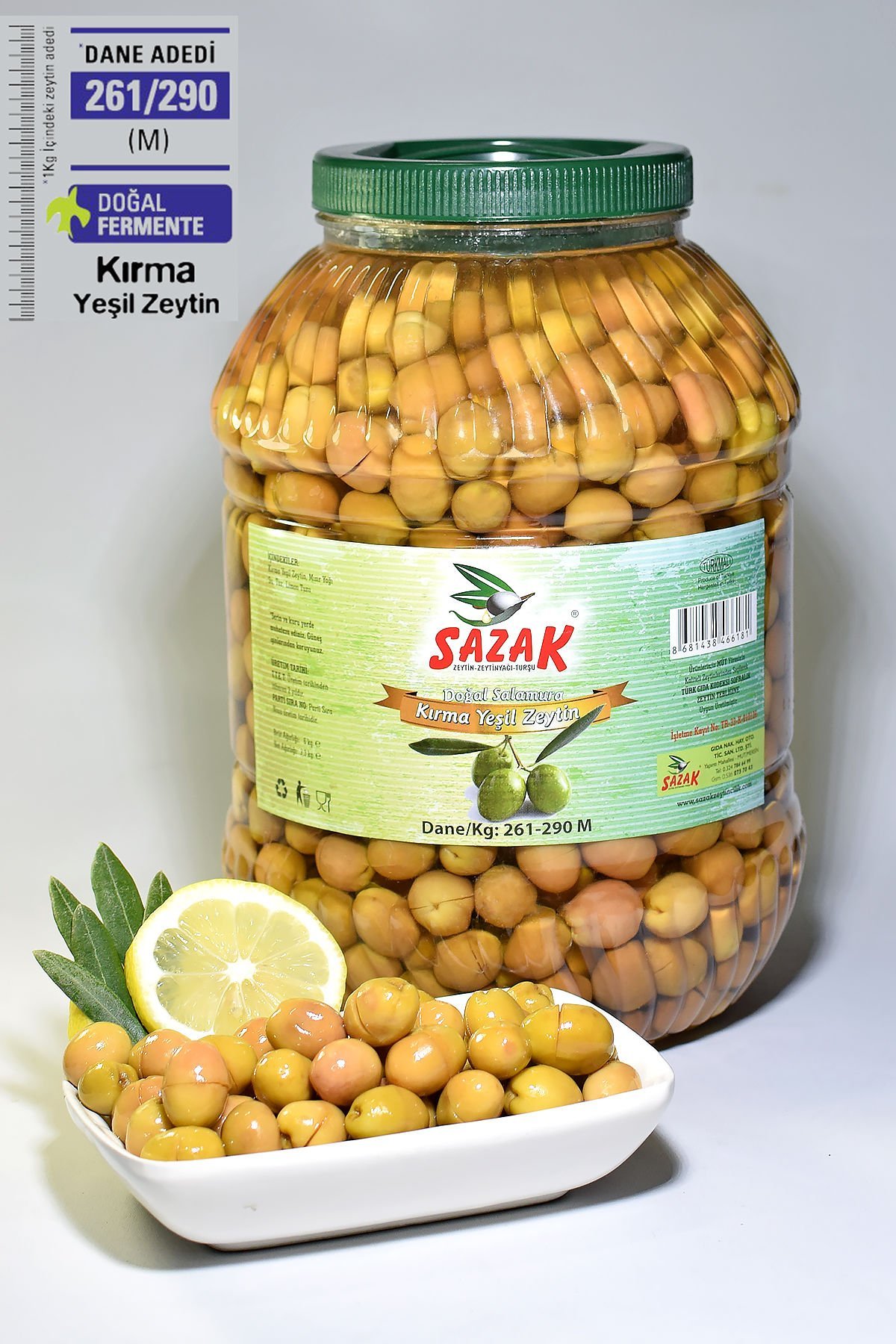Sazak Yeşil Kırma Zeytin Mut Zeytini İri Taneli (261-290 M Kalibre) 5 lt Pet