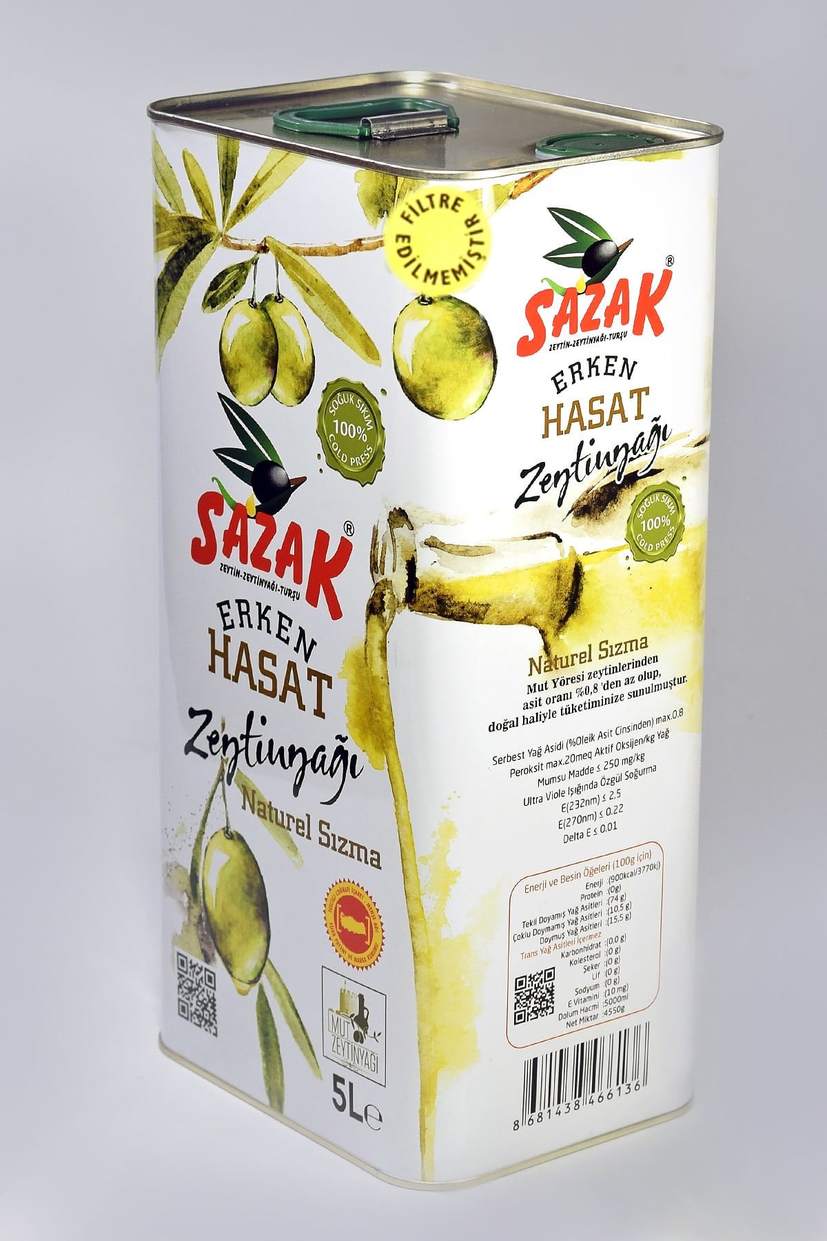 Sazak Filtresiz Erken Hasat Soğuk Sıkım Zeytinyağı 5 lt (Yeni Sezon 2025-2026)