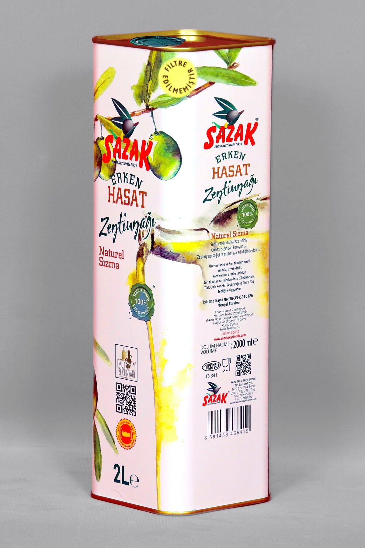 Sazak Filtresiz Erken Hasat Soğuk Sıkım Zeytinyağı 2 LT (Yeni Sezon 2026-2027)