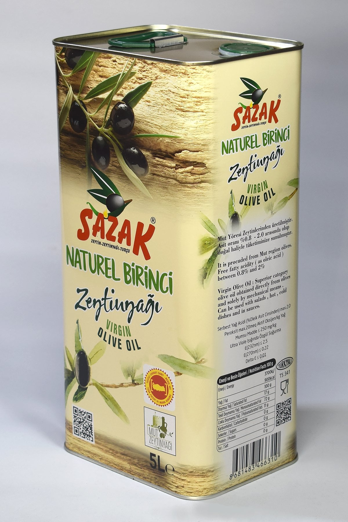 Sazak Naturel Birinci Zeytinyağı 5 LT Teneke Ambalaj (Yeni Sezon 2025-2026)