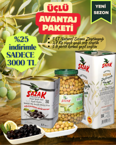 3'LÜ AVANTAJ PAKETİ - NATUREL SIZMA ZEYTİNYAĞI 5 LT - YEŞİL KIRMA ZEYTİN - SİYAH YAĞLI SELE